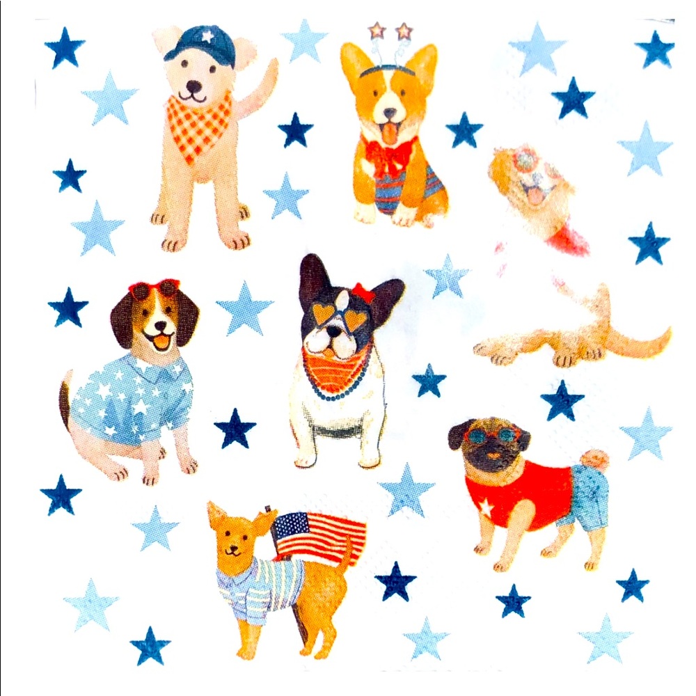 Two (2) INDIVIDUAL Americana Puppy Dogs Decoupage Cocktail Napkins (21137)